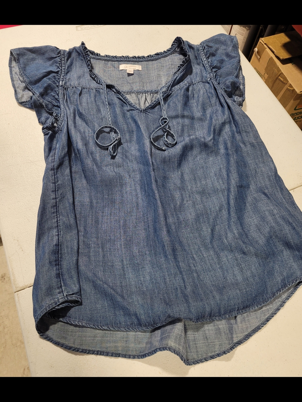 LC Lauren Conrad Chambray Tie-Neck Flutter Sleeve Top - Blue